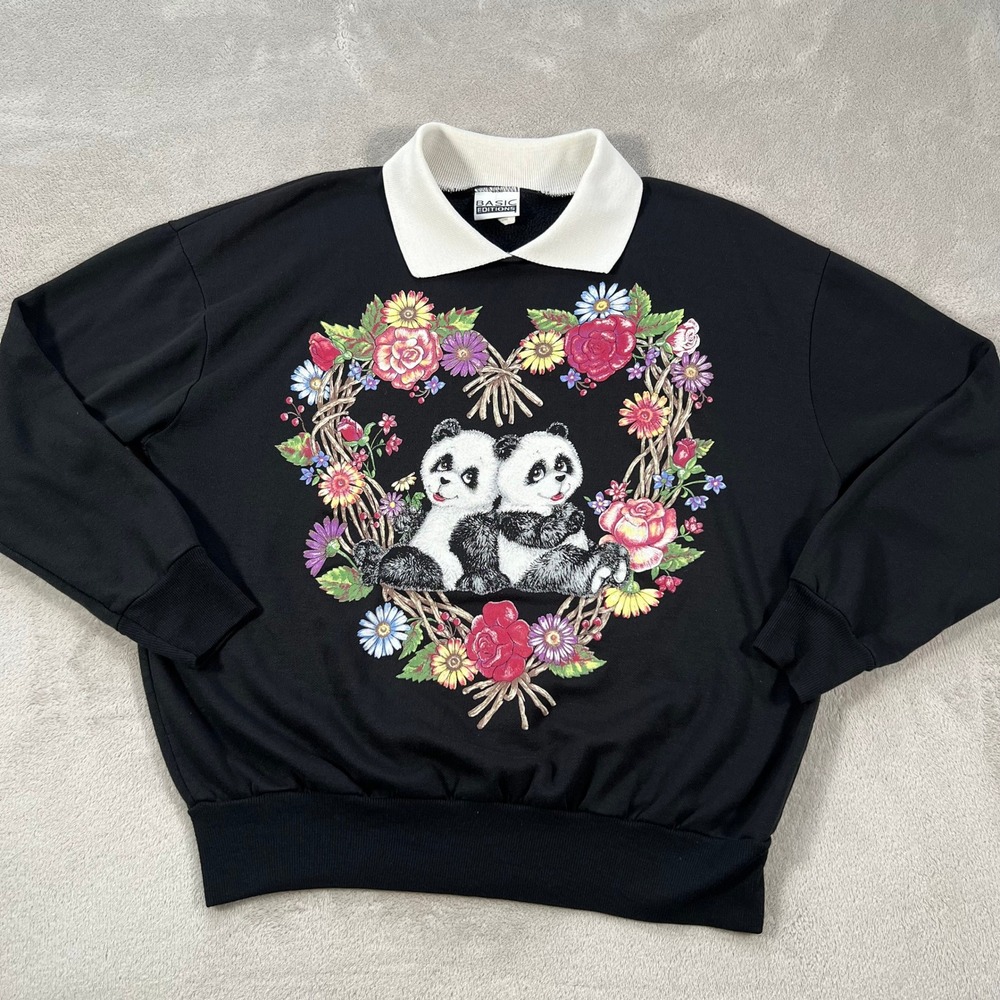 Vintage Basic Editions Panda Floral Heart Sweatshirt Black White Women's Small